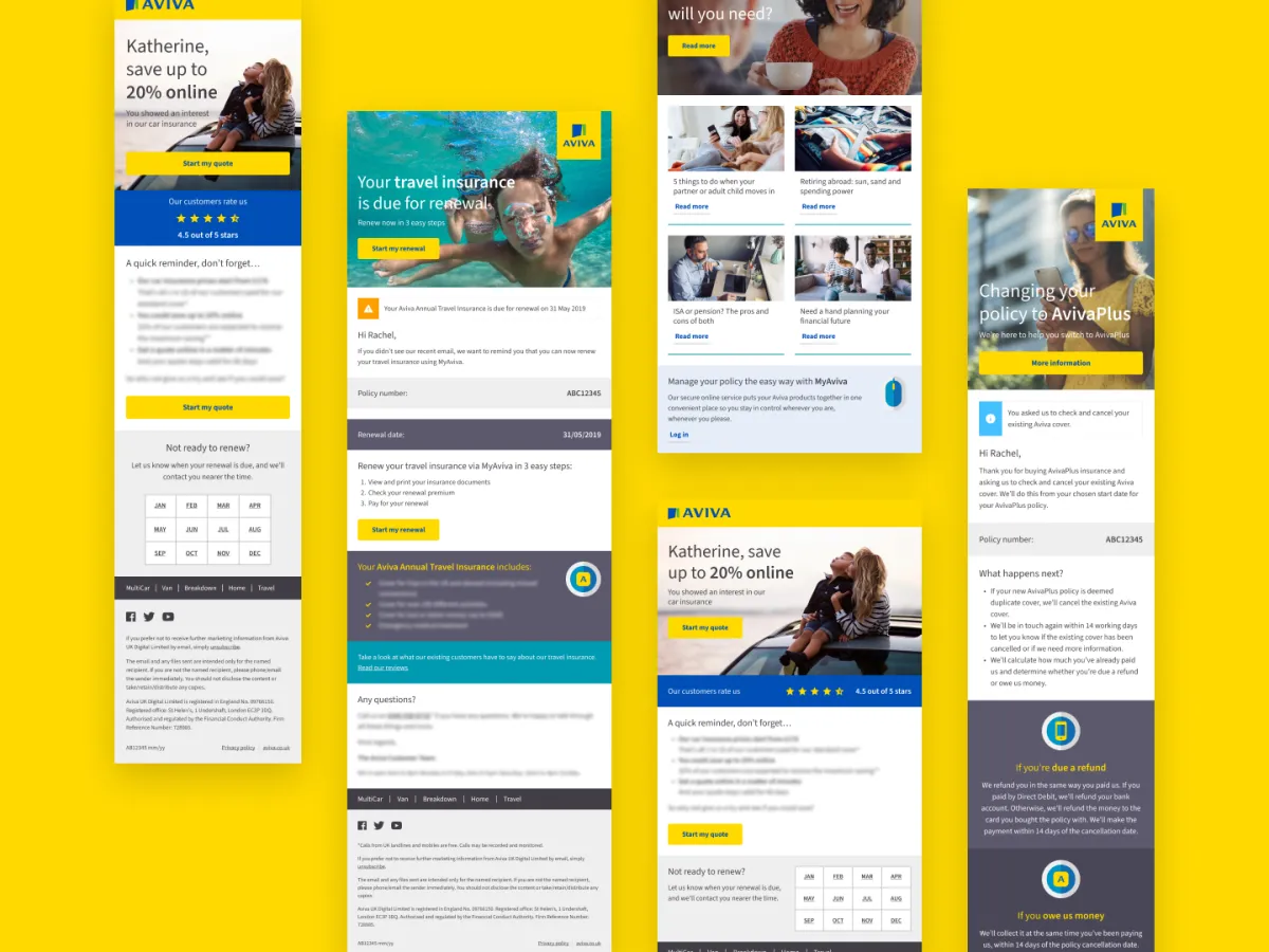 Selection of Aviva marketing and service emails, including quote reminders, renewal prompts and policy update messages.