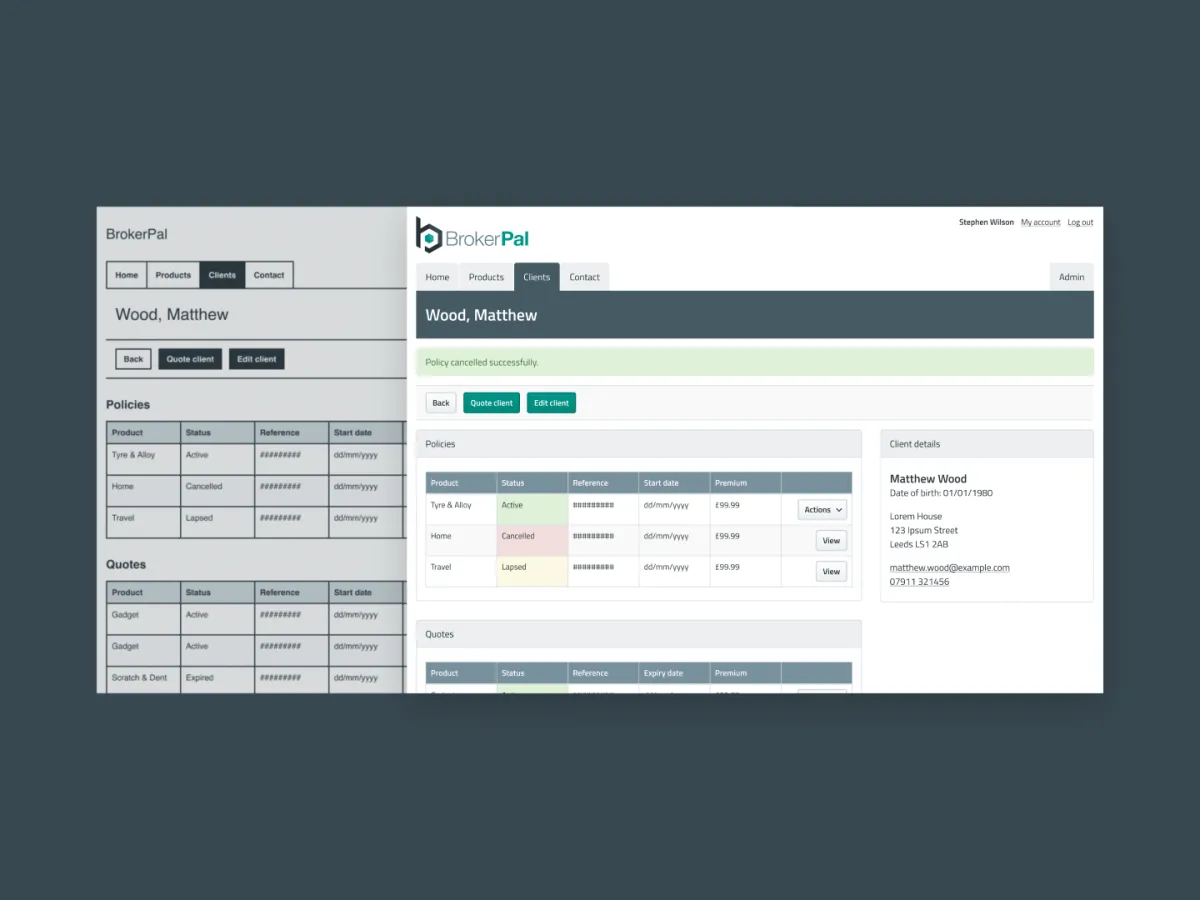 Wireframe screen showing client and policy management features in the BrokerPal insurance platform.
