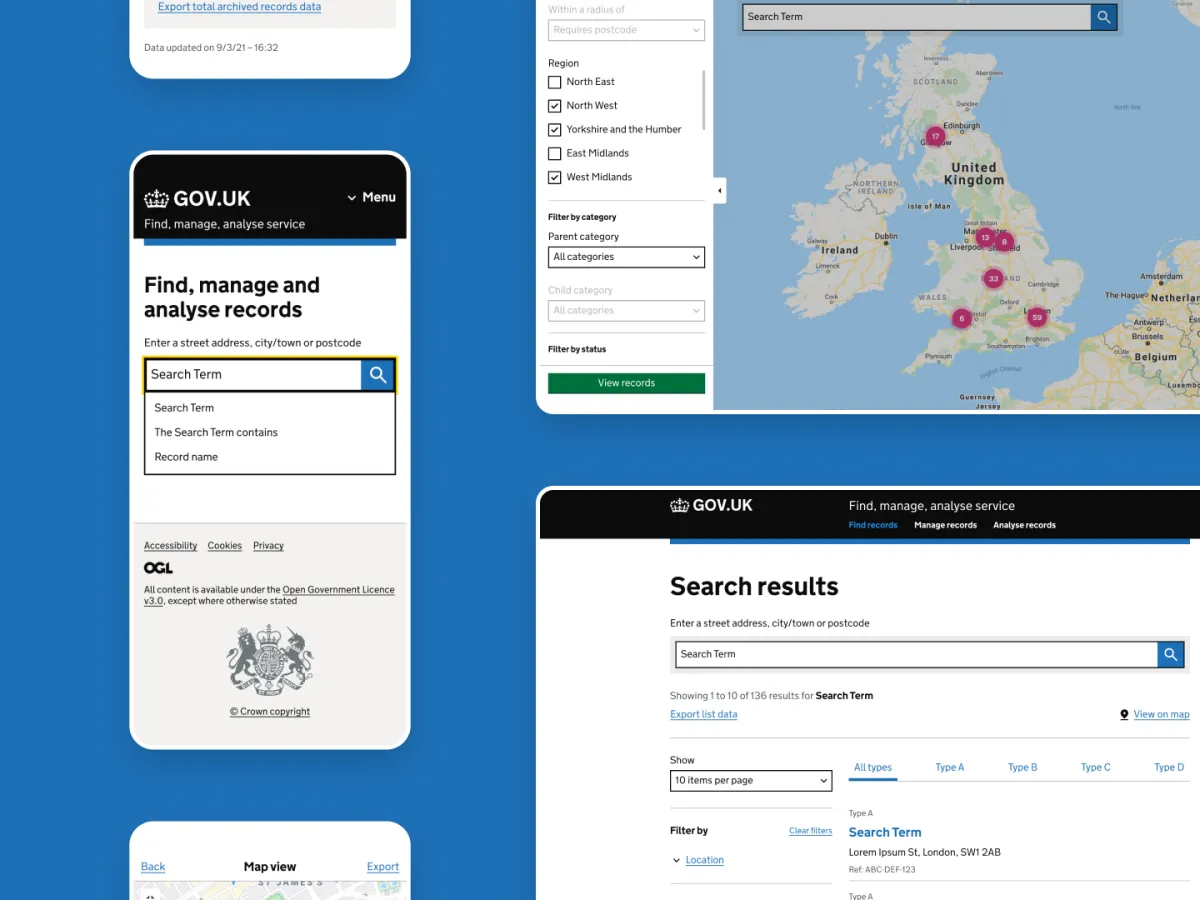 GOV.UK property records interface featuring filters, map results, and a mobile view of the search journey.