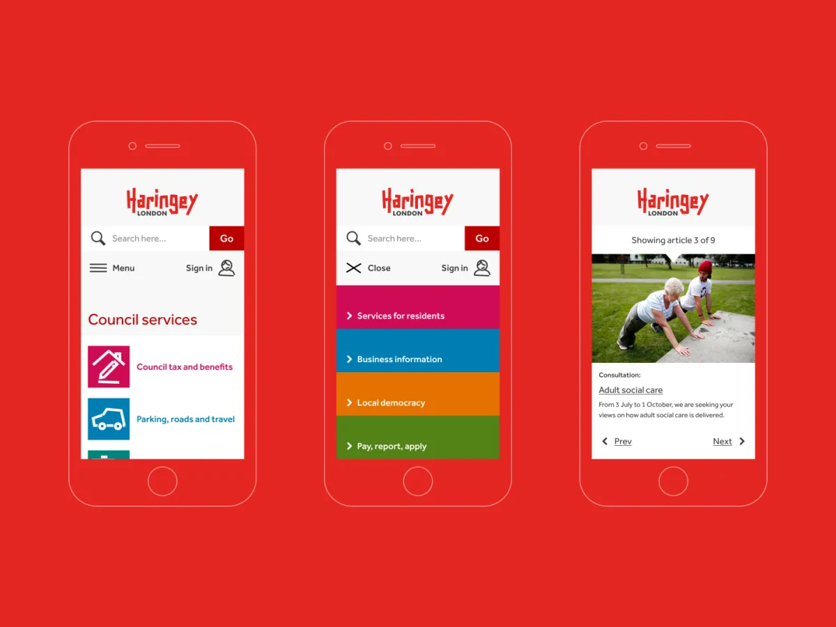 Mobile screens of the Haringey Council website showing navigation, service categories and consultation content.