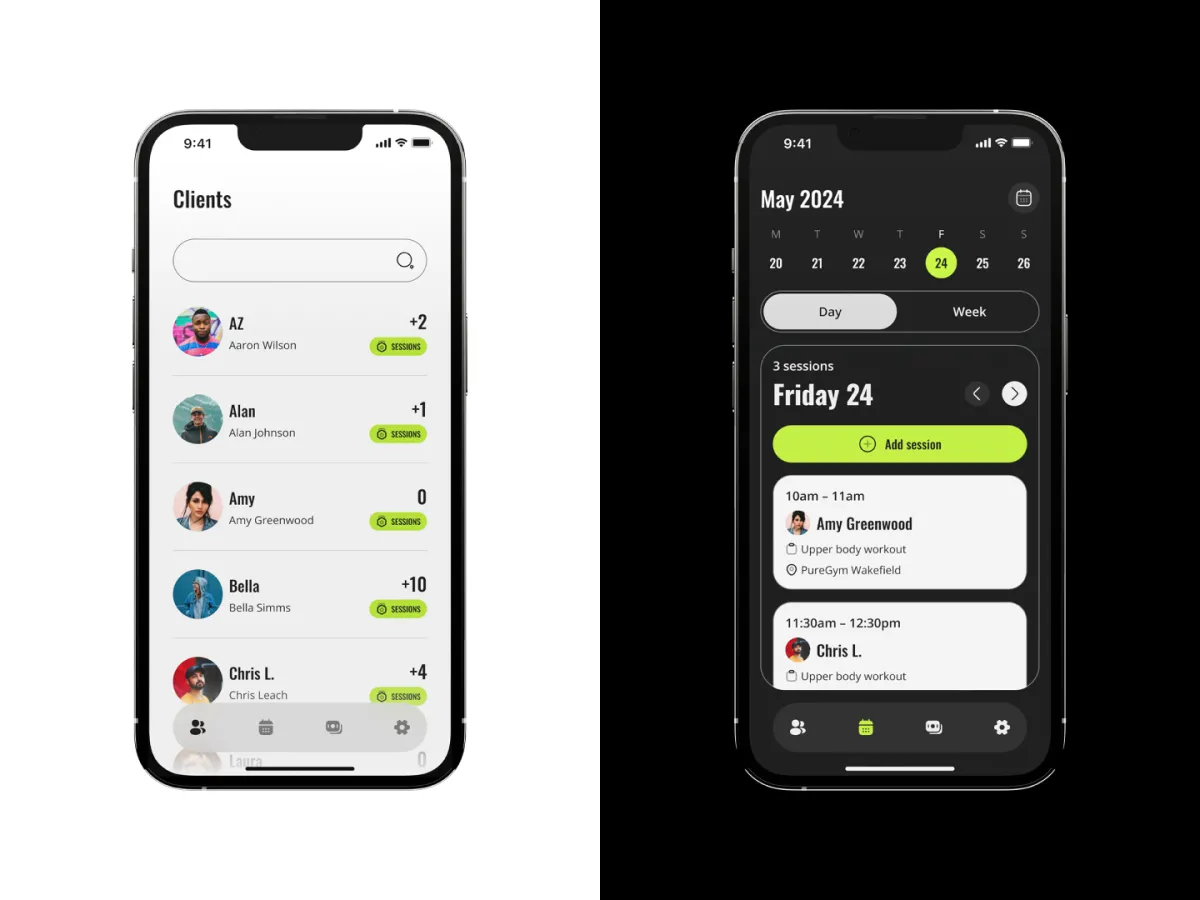 Mobile screens from the PT Portal app showing a client list with session tracking and a daily workout schedule view.