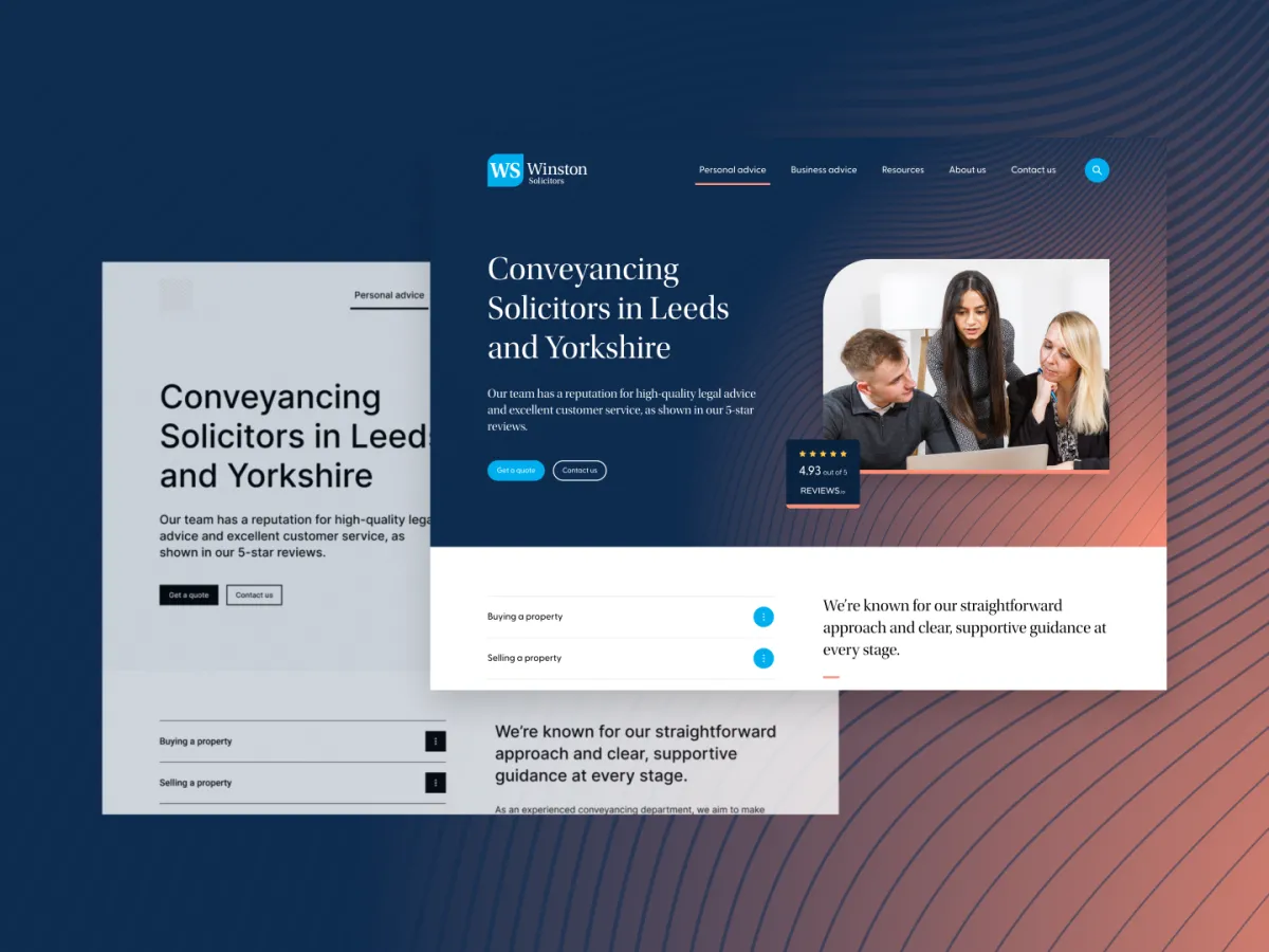 Side-by-side wireframe and final UI design of a Winston Solicitors service page showing layout, content, and visual upgrades.