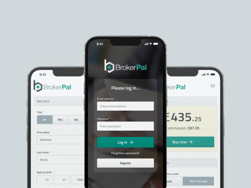 Mobile screens showing BrokerPal login, quote builder, and client details view.
