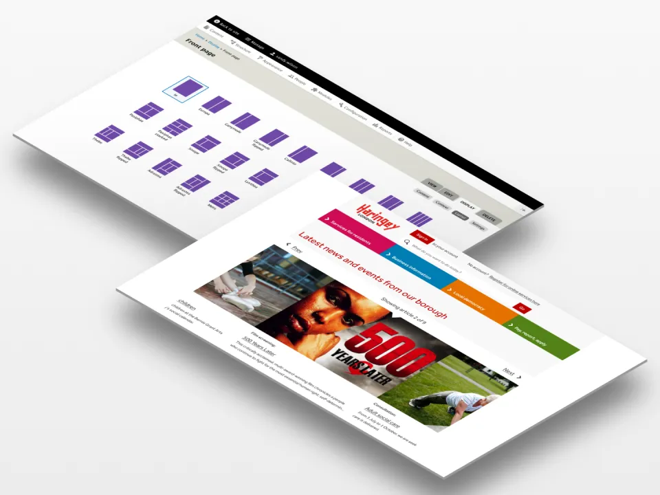 Isometric view of content and admin screens from the Haringey Council website showing new layouts and CMS structure.