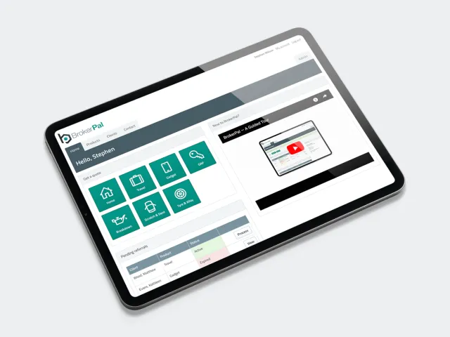 Tablet mockup showing the BrokerPal interface, including dashboard layout, referral status and navigation components.