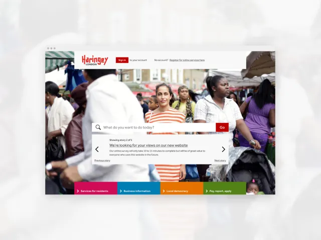 Desktop view of the redesigned Haringey Council homepage featuring a large search bar, service links and updated brand styling.