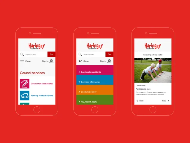 Mobile screens of the Haringey Council website showing navigation, service categories and consultation content.